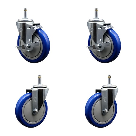 Service Caster 5'' Blue Poly Wheel Swivel 7/16'' Grip Ring Stem Caster Set 2 Brakes, 4PK GR20S514-PPUB-BLUE-TLB-716138-2-S-2